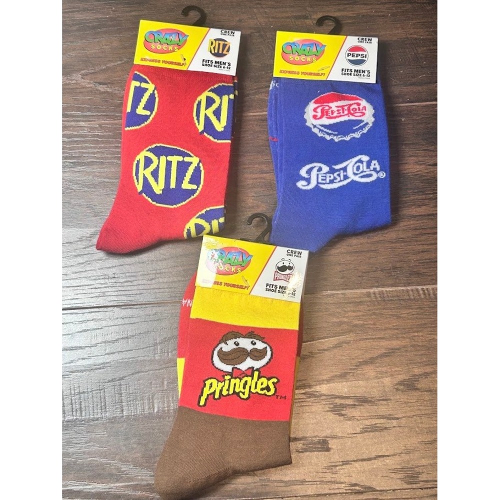 Crazy Socks Crew Socks Mens 3 Pair Pack Ritz‎ Pepsi Pringles Food Theme sz 6-12